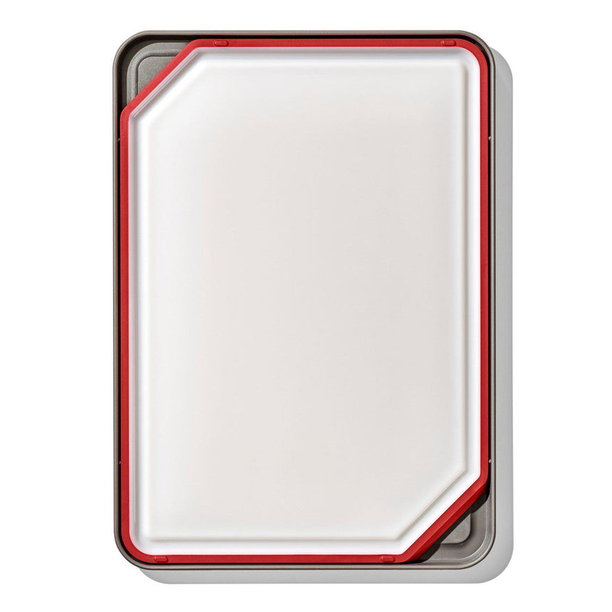 Rectangular whiteboard or dry-erase board with a red and gray border.