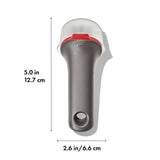 Handheld barcode scanner with a gray body and red top button.