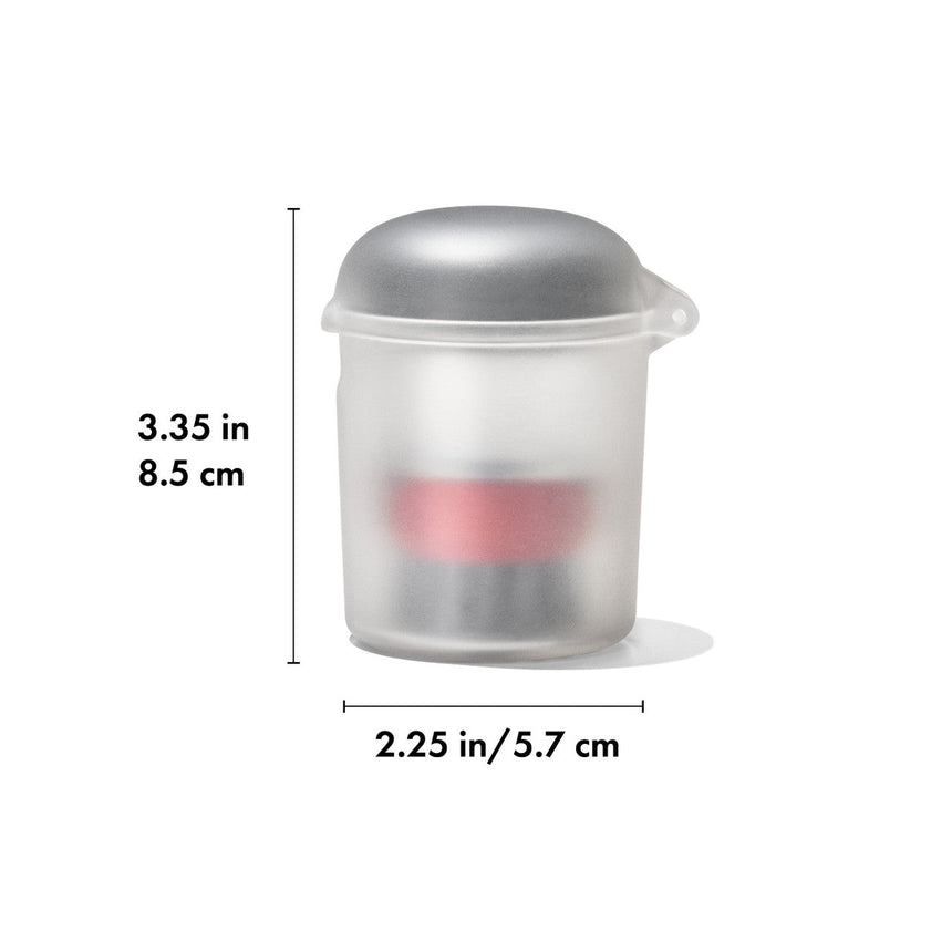 Translucent plastic container with a gray lid and a red band visible inside.