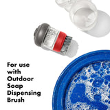 Soap dispenser attachment with a black cap and red band.