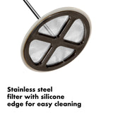Oval-shaped stainless steel filter with four divided sections and a silicone edge.
