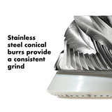 Conical burr grinder with stainless steel grinding mechanism.