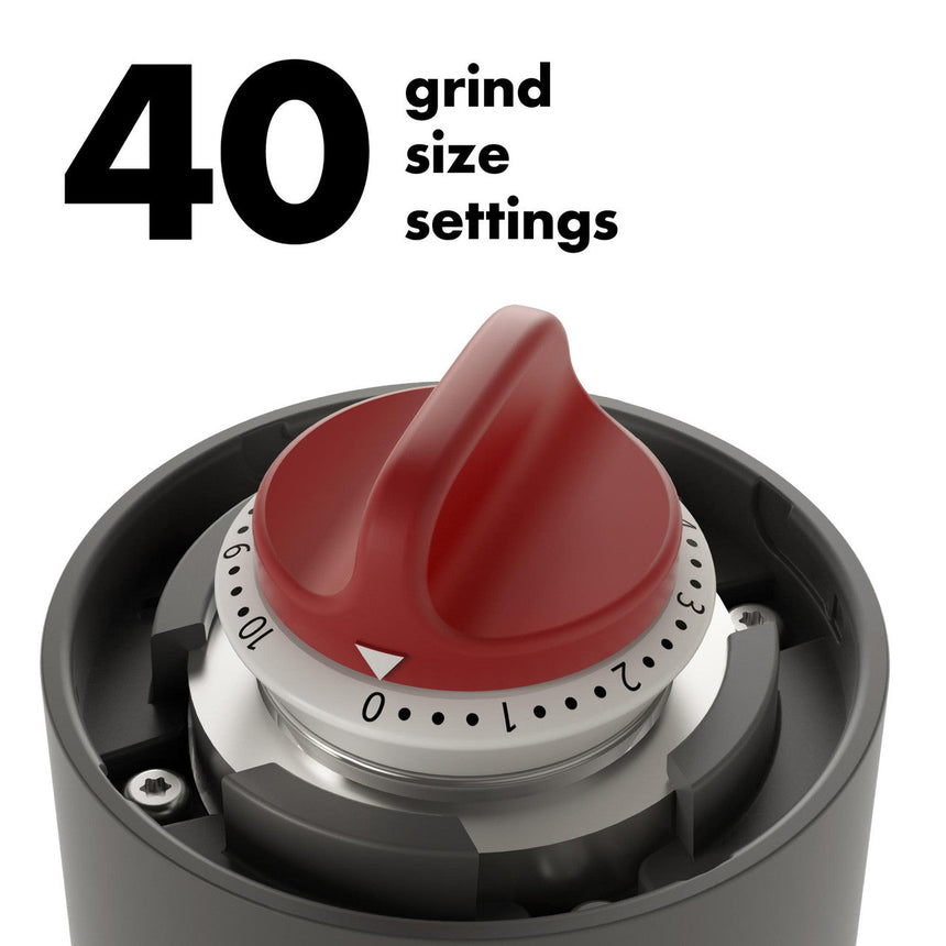 Coffee grinder adjustment dial with 40 grind size settings and a red knob.