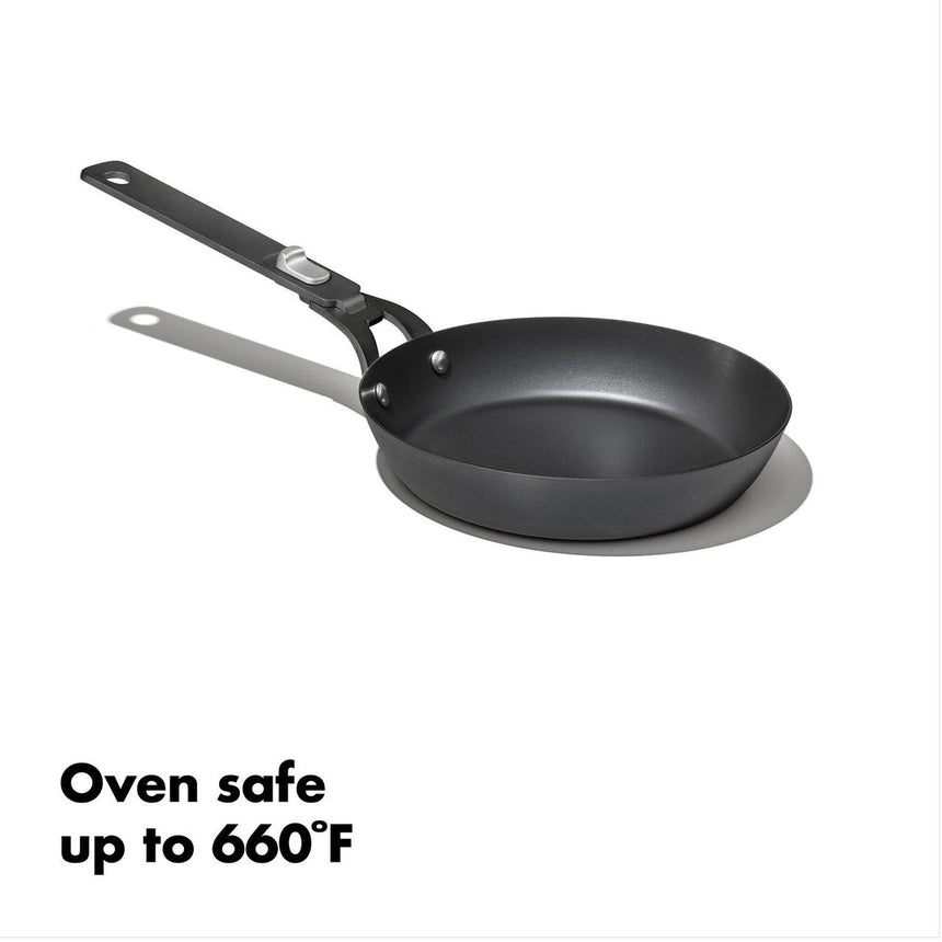 Non-stick frying pan with a long handle, labeled as oven-safe up to 660°F.