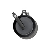 Caster wheel with a black metal frame and gray rubber wheel.