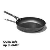 Black non-stick frying pan with a long handle.