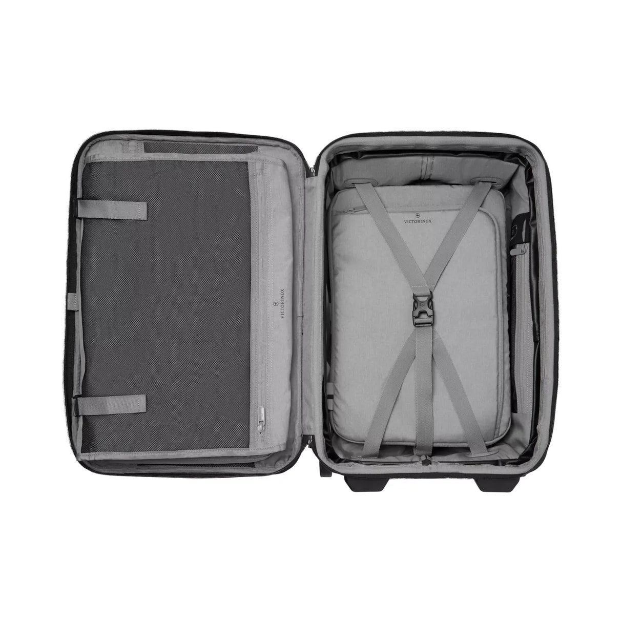 Open suitcase showing interior compartments and straps.