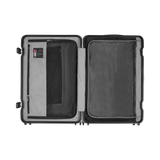 Open hard-shell suitcase with two compartments and interior pockets.