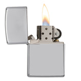Metal flip-top lighter with a visible flame.