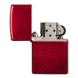 Red metallic Zippo-style lighter with an open lid.