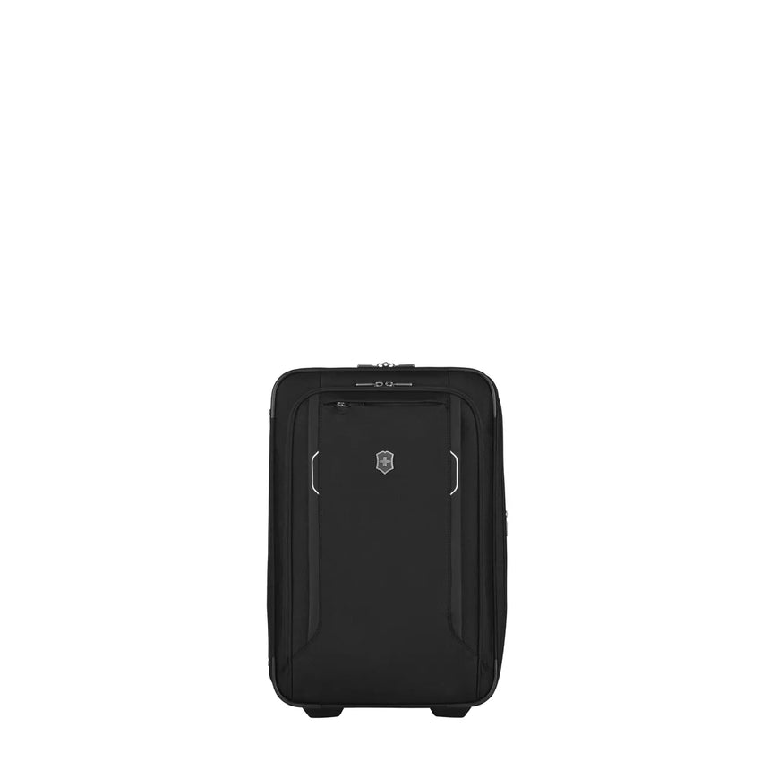 Black wheeled carry-on suitcase with a Victorinox logo.