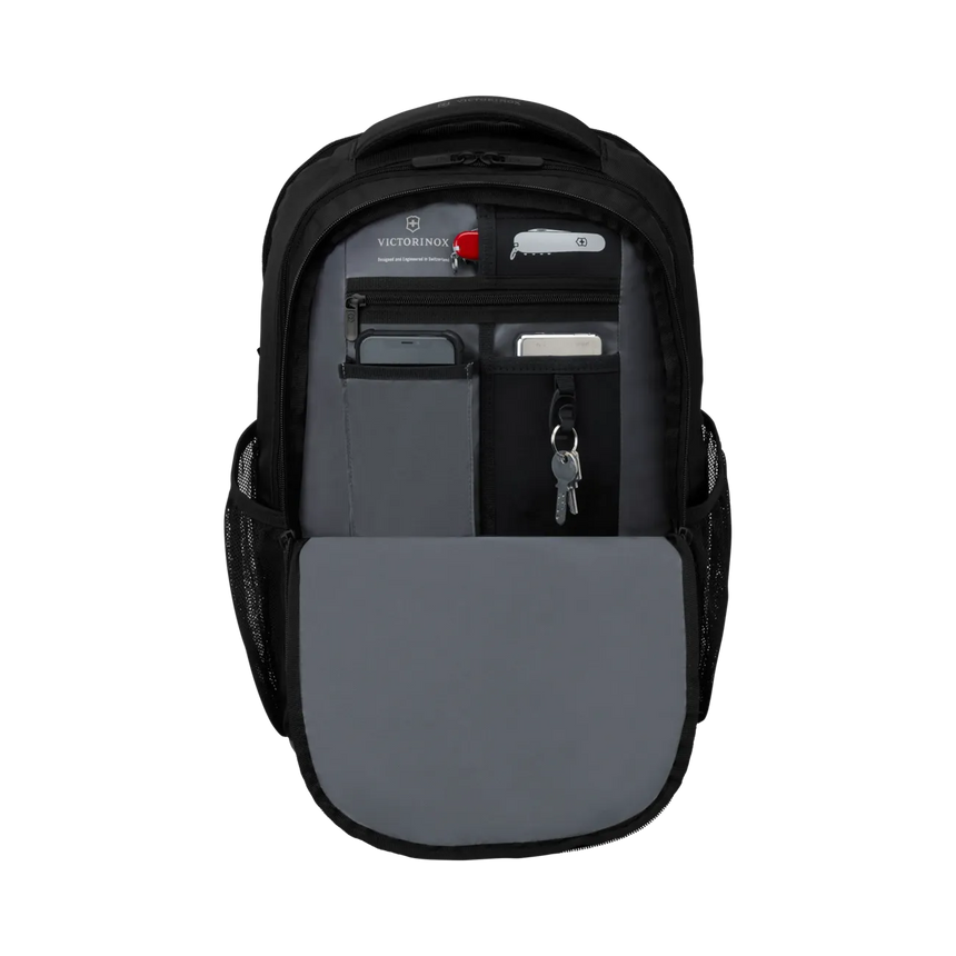 Black backpack with multiple compartments and pockets visible in an open view.