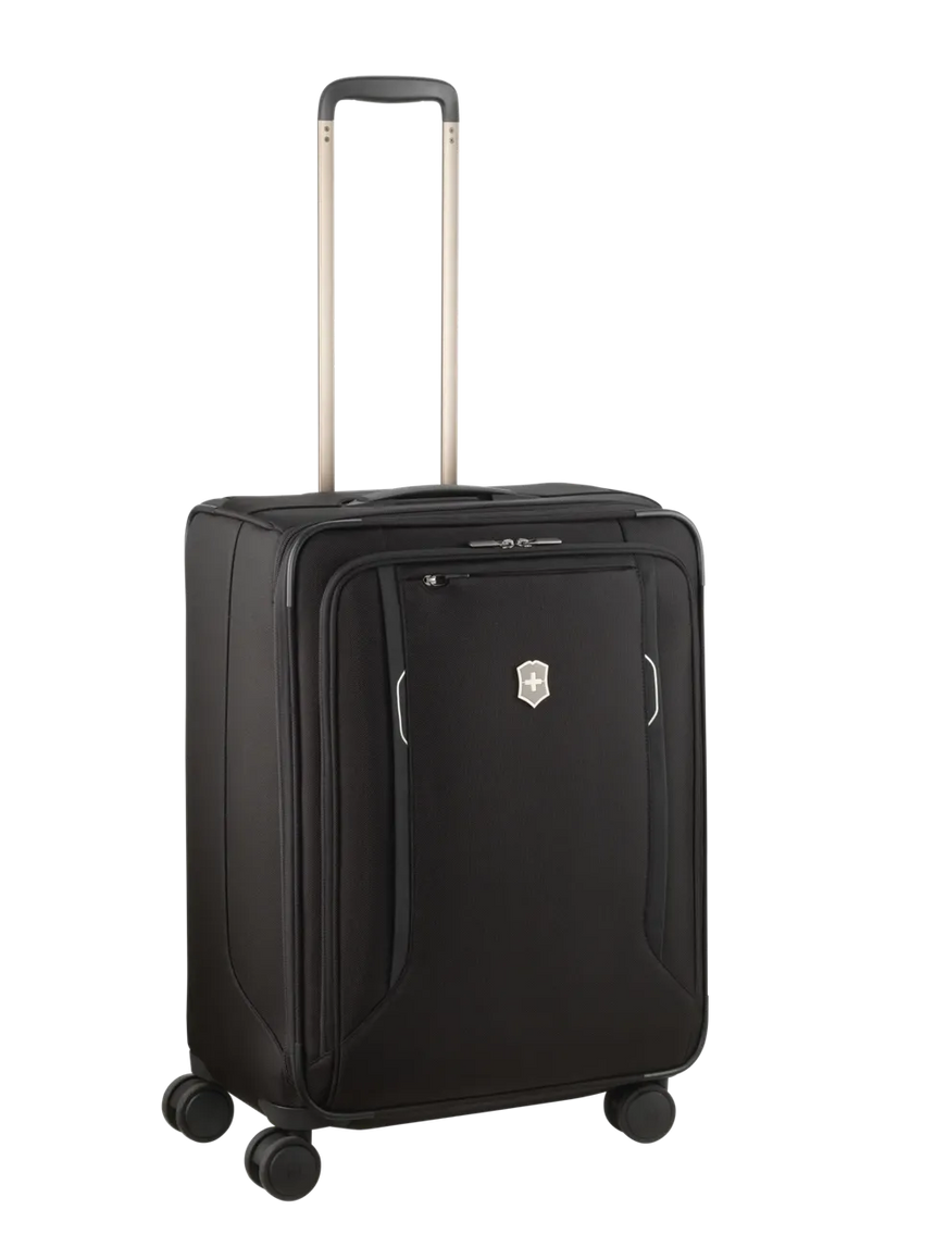 Black wheeled suitcase with an extendable handle.