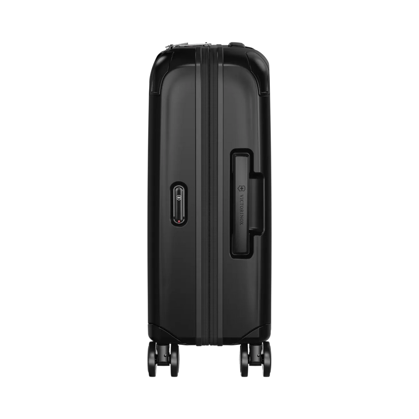 Black hardshell rolling suitcase with wheels and a retractable handle.