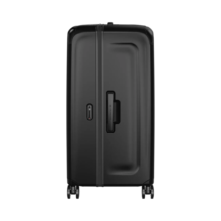 Black hardshell rolling suitcase with a handle and wheels.