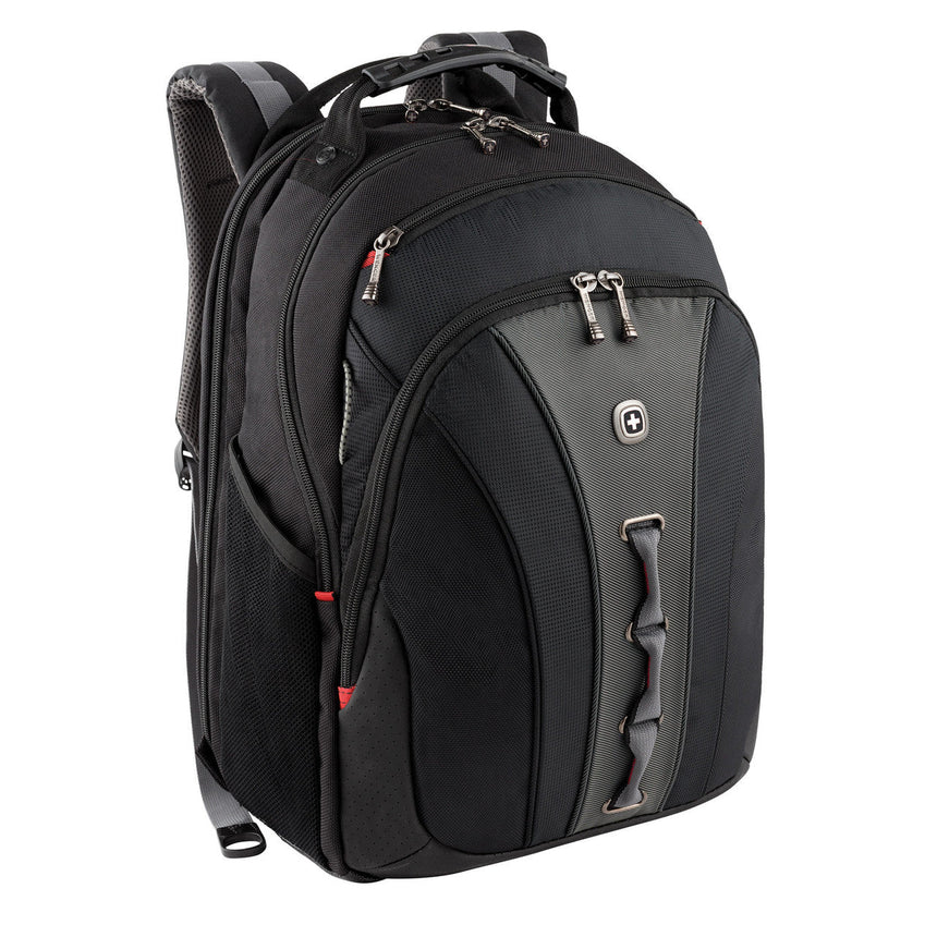Black laptop backpack with multiple compartments and a padded design.
