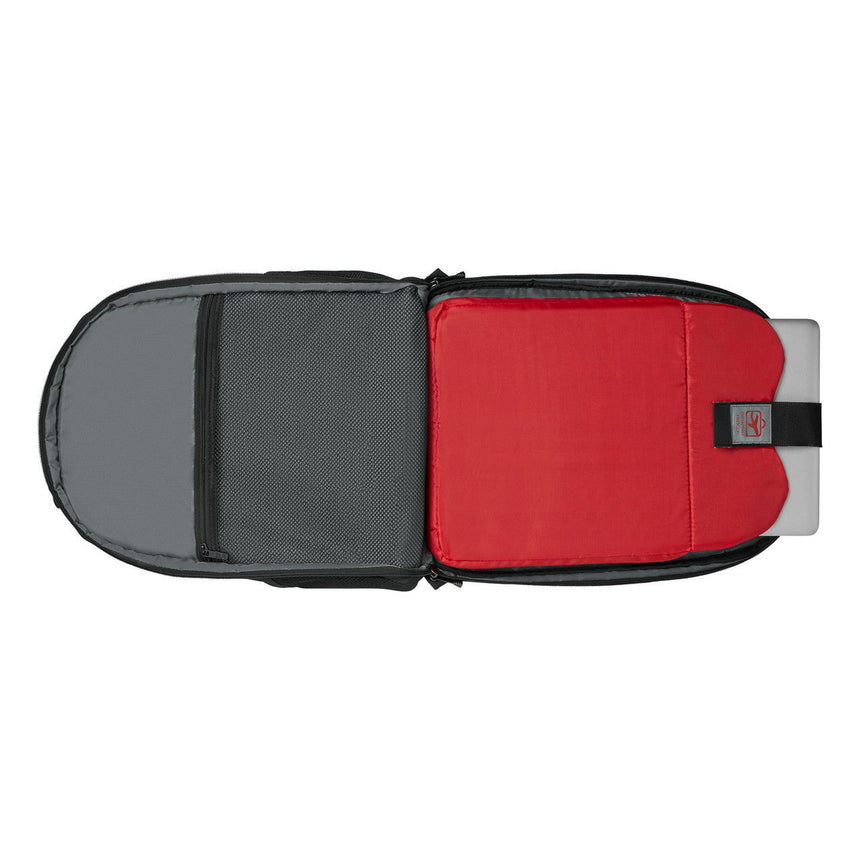 Laptop bag or sleeve with gray and red compartments.