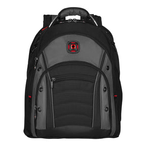 Black and gray backpack with multiple compartments and a red logo.