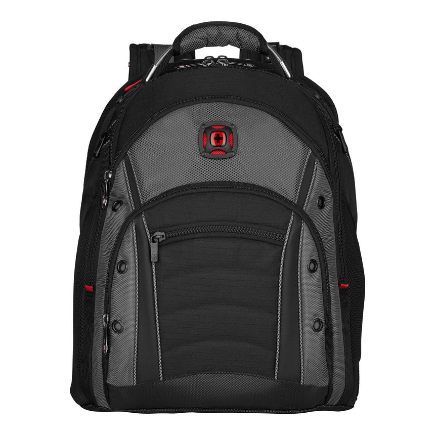 Black and gray backpack with multiple compartments and a red logo.