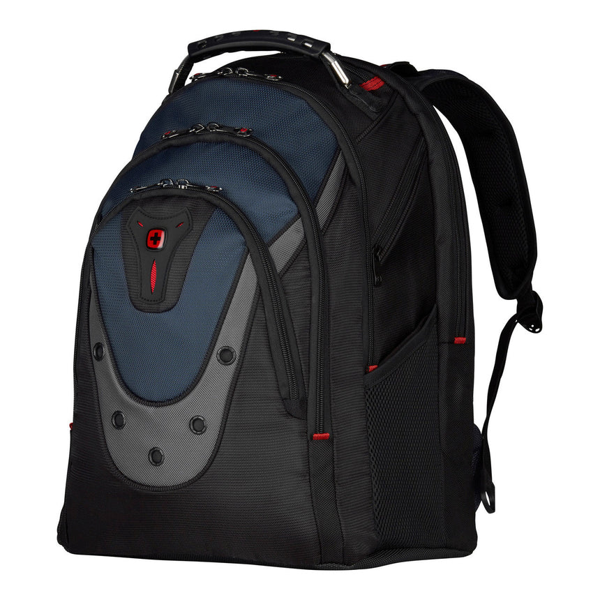 Black and navy blue backpack with multiple compartments and red accents.