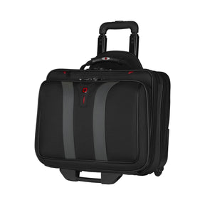 Black rolling laptop bag with gray accents and a retractable handle.