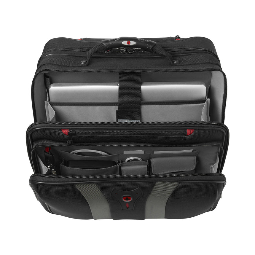Black laptop bag with multiple compartments and pockets for organizing electronics and accessories.