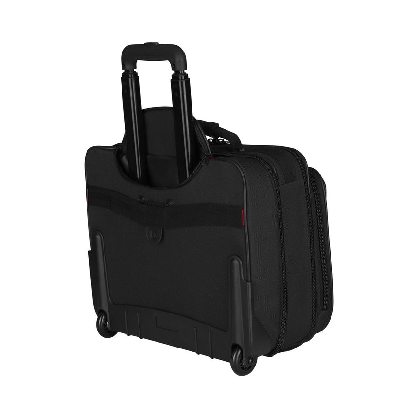 Black rolling laptop bag or briefcase with an extendable handle.
