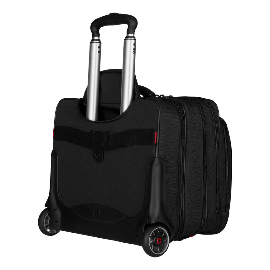 Black rolling laptop bag with telescoping handle and wheels.