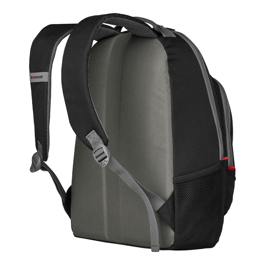 Backpack with black and gray color scheme and padded straps.