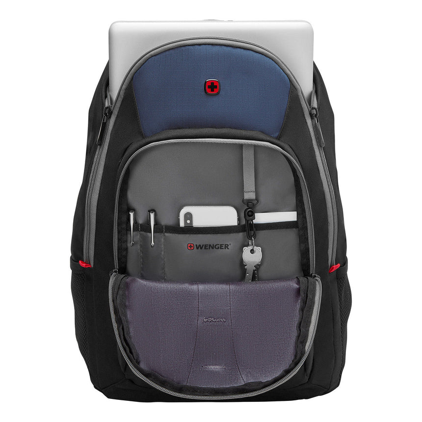 Backpack with multiple compartments and pockets for organizing electronics and other items.