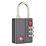 TSA-approved combination lock with a metal shackle and red cross symbol.