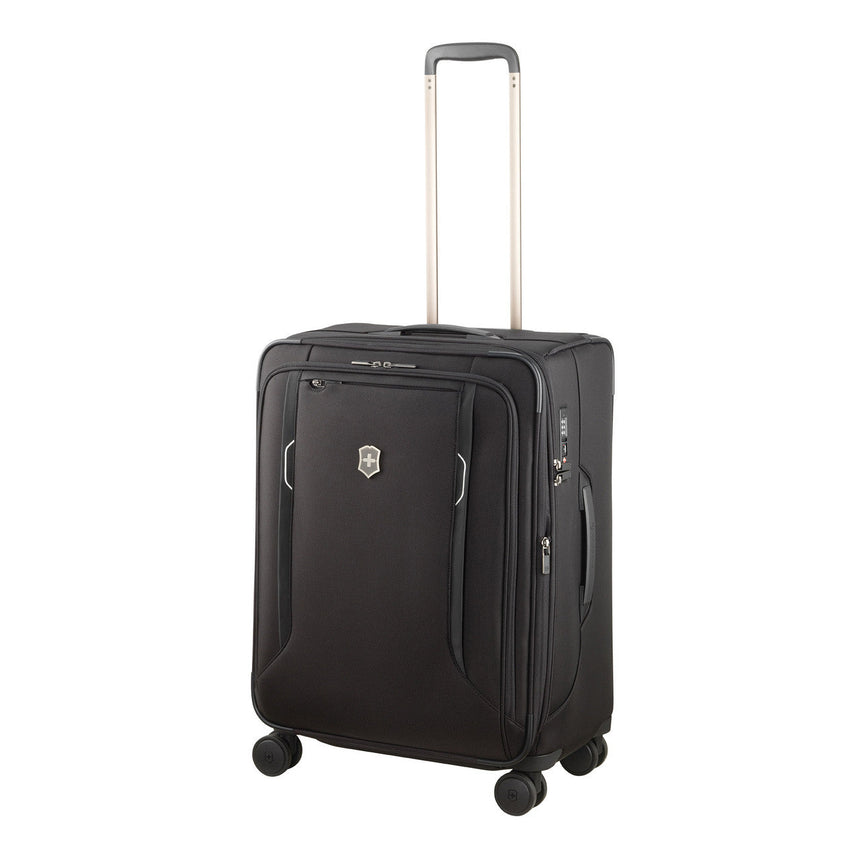 Black wheeled suitcase with an extendable handle.