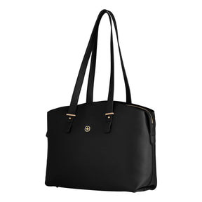 Black leather handbag with double handles and gold-tone hardware.