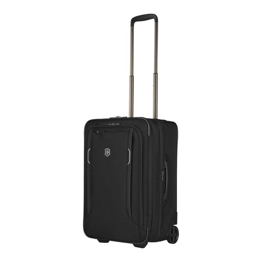 Black wheeled carry-on suitcase with an extendable handle.