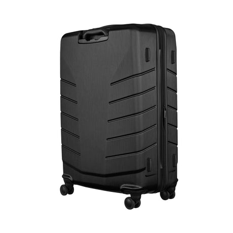Black hardshell rolling suitcase with horizontal ridges on its exterior.