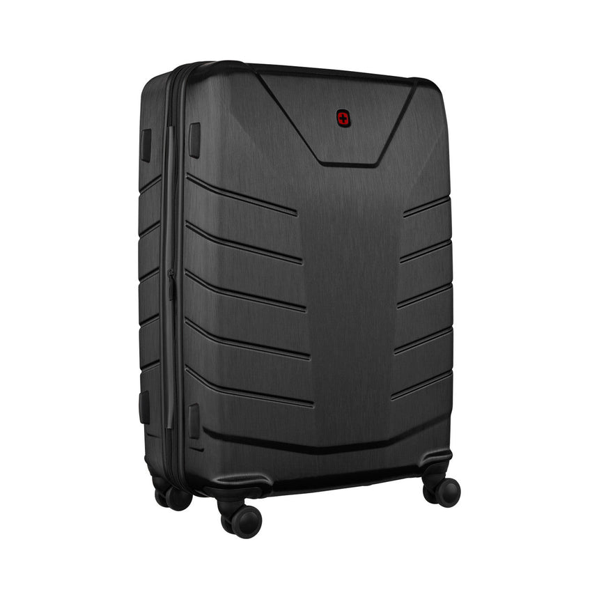 Black hardshell rolling suitcase with horizontal ridges and a red logo.