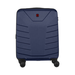 Navy blue hardshell rolling suitcase with horizontal ridges and a Swiss Army logo.