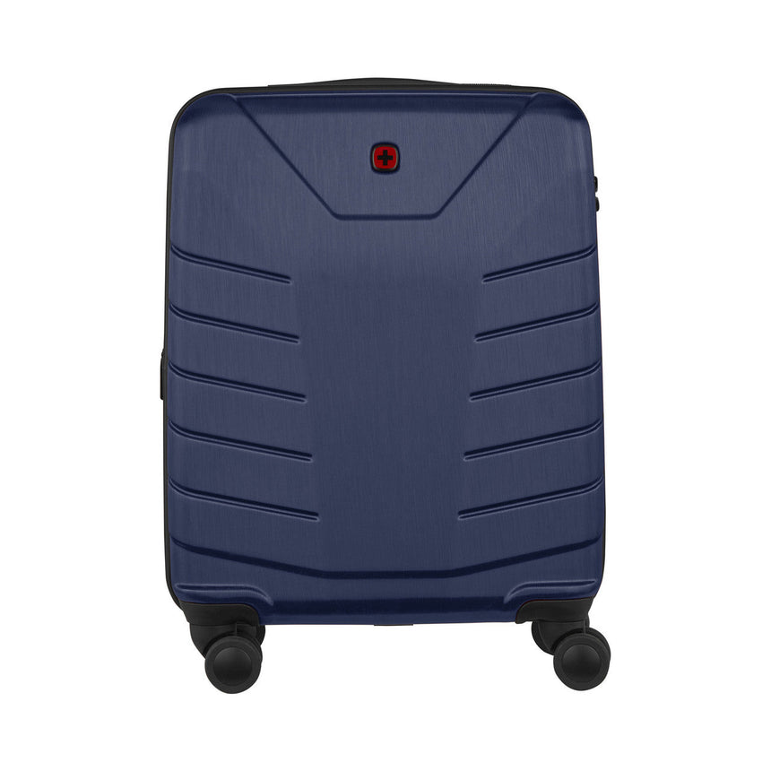 Navy blue hardshell rolling suitcase with horizontal ridges and a Swiss Army logo.