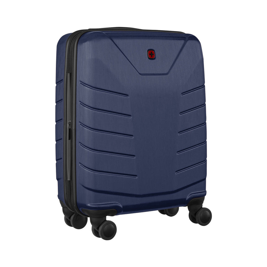 Navy blue hardshell rolling suitcase with horizontal ridges and four wheels.