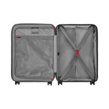 Open suitcase showing its interior compartments and organization features.