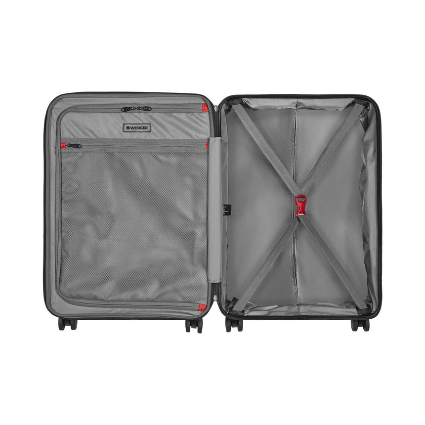 Open suitcase showing its interior compartments and organization features.
