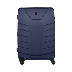 Navy blue hardshell suitcase with horizontal ridges and wheels.