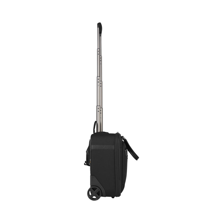 Rolling suitcase or luggage with an extendable handle and wheels.