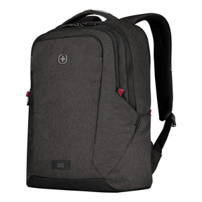 Dark gray backpack with multiple compartments and padded straps.