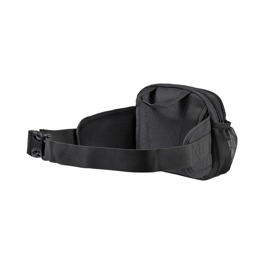 Black fanny pack or waist bag with adjustable strap.
