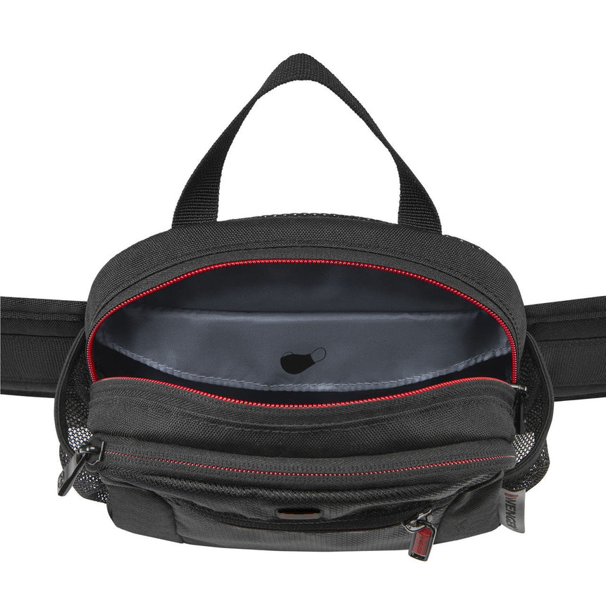 Black fanny pack or waist bag with red zipper accents and multiple compartments.