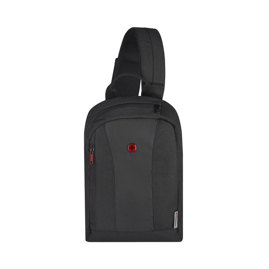 Black sling backpack with a red accent and adjustable strap.
