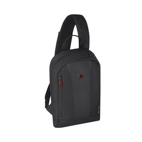Black single-strap backpack with a red logo and zipper accent.