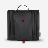 Black toiletry bag with red accents and a top handle.