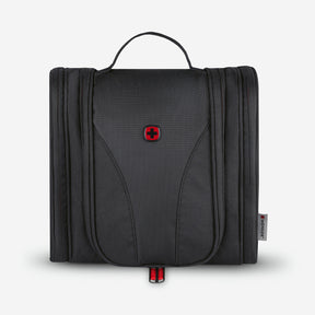 Black toiletry bag with red accents and a top handle.